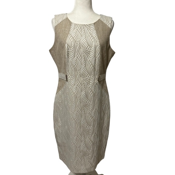 Calvin Klein Tan and Ivory Scuba Structured Sheath Dress Tropical Leaves Size 12 - Picture 6 of 12